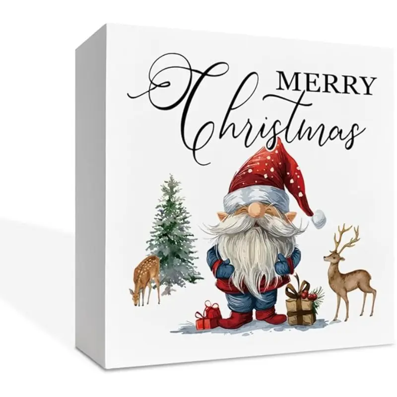 Cute Santa Snowman Wood Box Sign Desk Decor, Claus Snow Scene Wooden Block Sign, Winter Christmas Home Decorative Plaque for Living Room Bedroom Office Table Top Decor 5 x 5 Inches