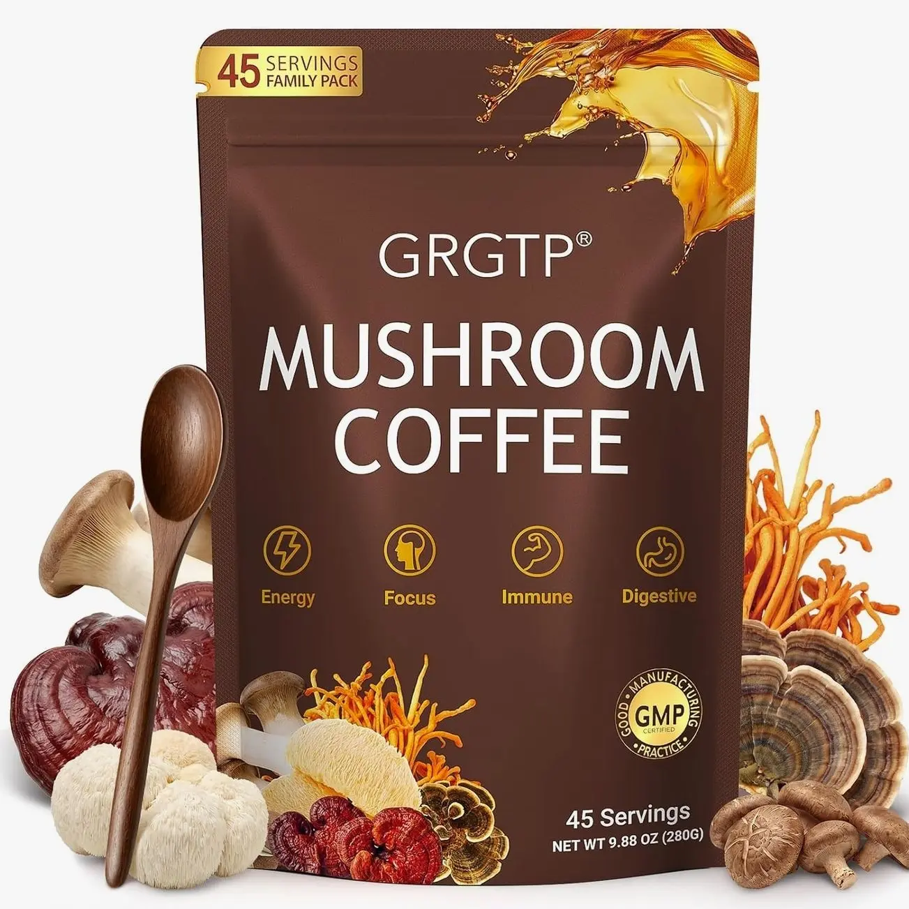 Mushroom Coffee - Superfood Blend with 6 Adaptogens | (Cordyceps, Lion's Mane, Reishi Other) | Jitter-Free Energy, Enhanced Focus, Digestion & Immunity Support Smooth Flavor