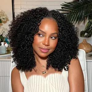 V Part Wig Human Hair Kinky Curly Upgrade U Part Human Hair Wig V Shape Clip In Half Wigs Afro Curly for Women 200% Density With Adjustable Drawstring Wig Beginner Friendly 24 Inch