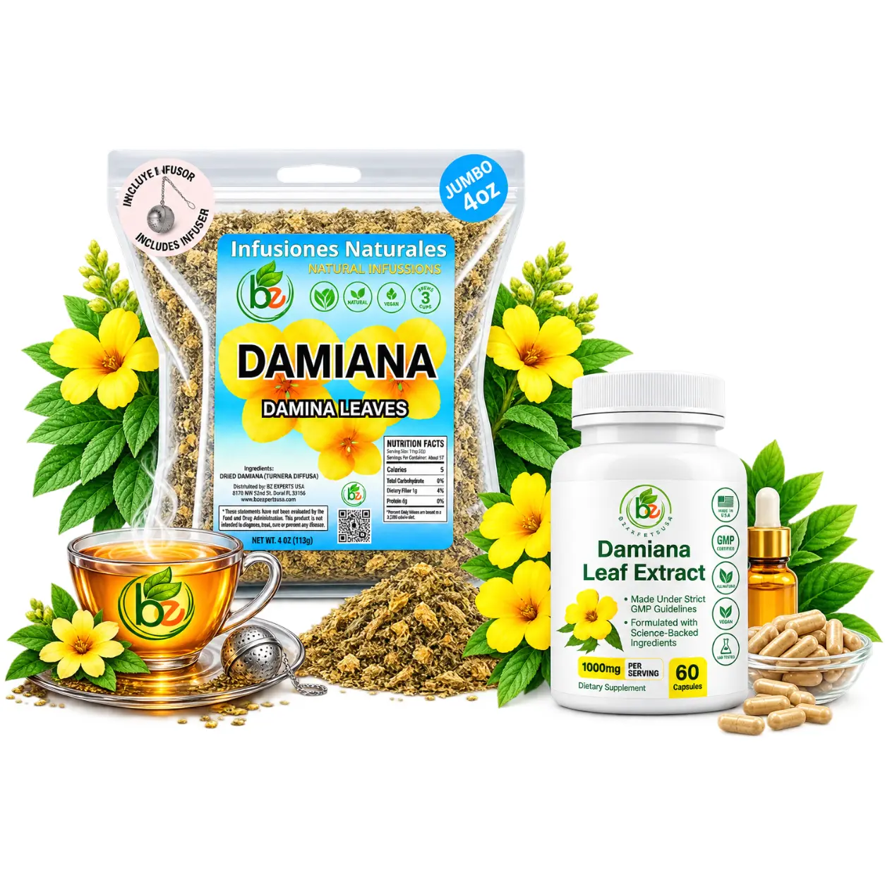 Damiana Tea + Capsules, Combo Pack – 4 oz Loose Herbal Te + 60 Veggie Capsules(1000 mg per serving) Authentic- 100% Natural,Vegan,Non-GMO,Caffeine-Free,Wellness & Balance Support by BexpertsUSA