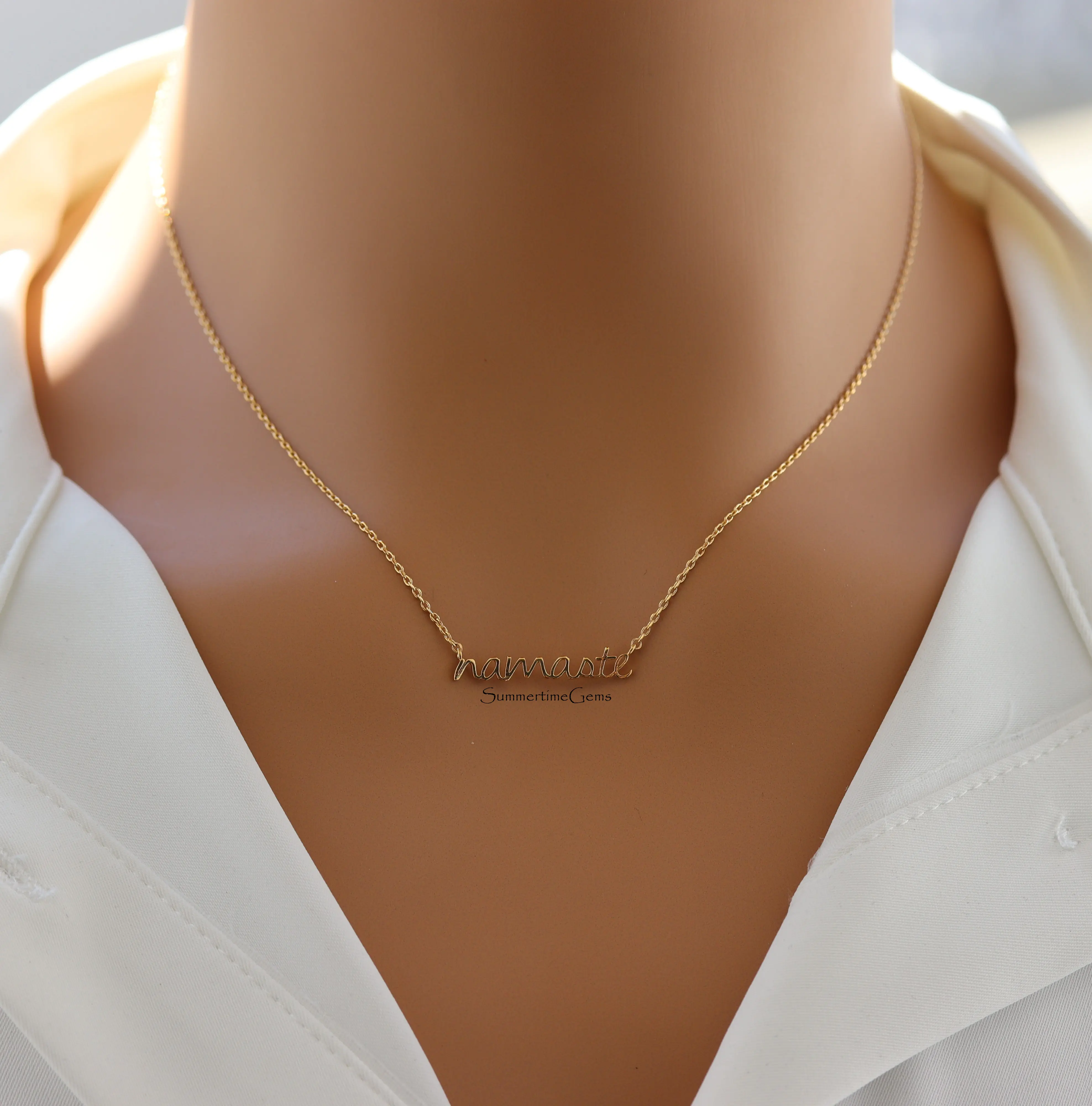 18K Gold Plated “Namaste” Handwritten Pendant Necklace – Yoga Inspired Mindfulness Jewelry for Women
