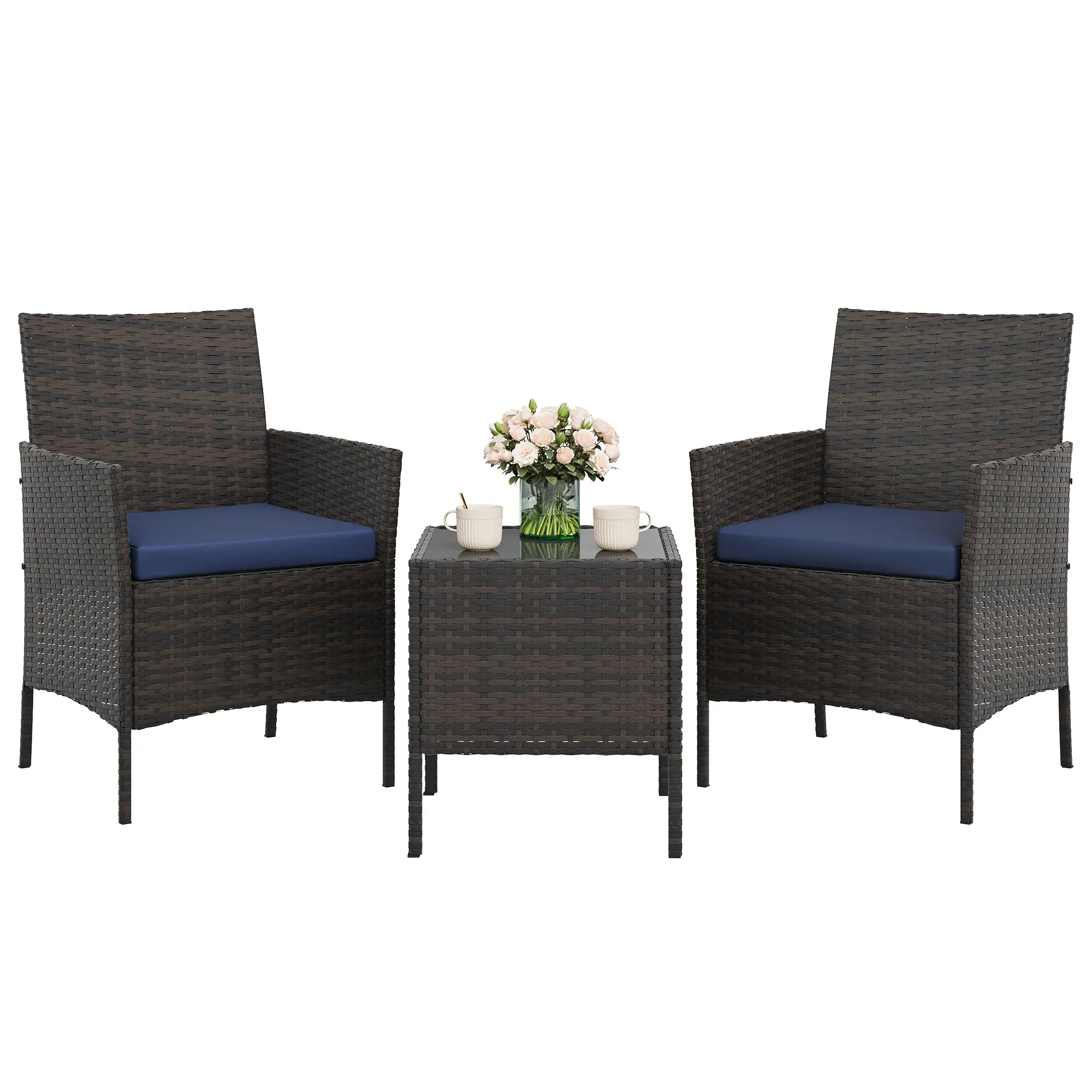 Brown gradient four-line rattan + blue cushion