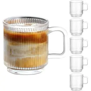 6 Glass Coffee Mugs with Handle, 12 Classic Vertical Stripes Glass Coffee Cups, Transparent Tea Cup for Beverages, Glassware Set for Americano, Latte, Cappuccino
