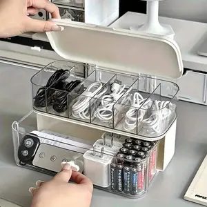 Double Layer Transparent Desktop Cable Organizer Box, Adjustable Dividers, Compact Wire and Charger Storage, Data Cable Management, Clear Storage Box