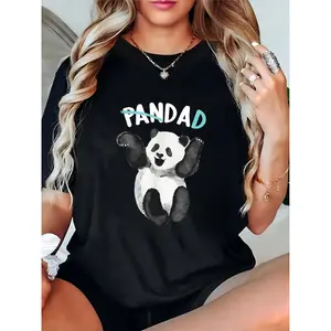 Women's Black PANDAD Cute Panda Graphic T - Shirt Casual Daily Father's Day Gift Short Sleeve Top 100% Cotton T-shirt
