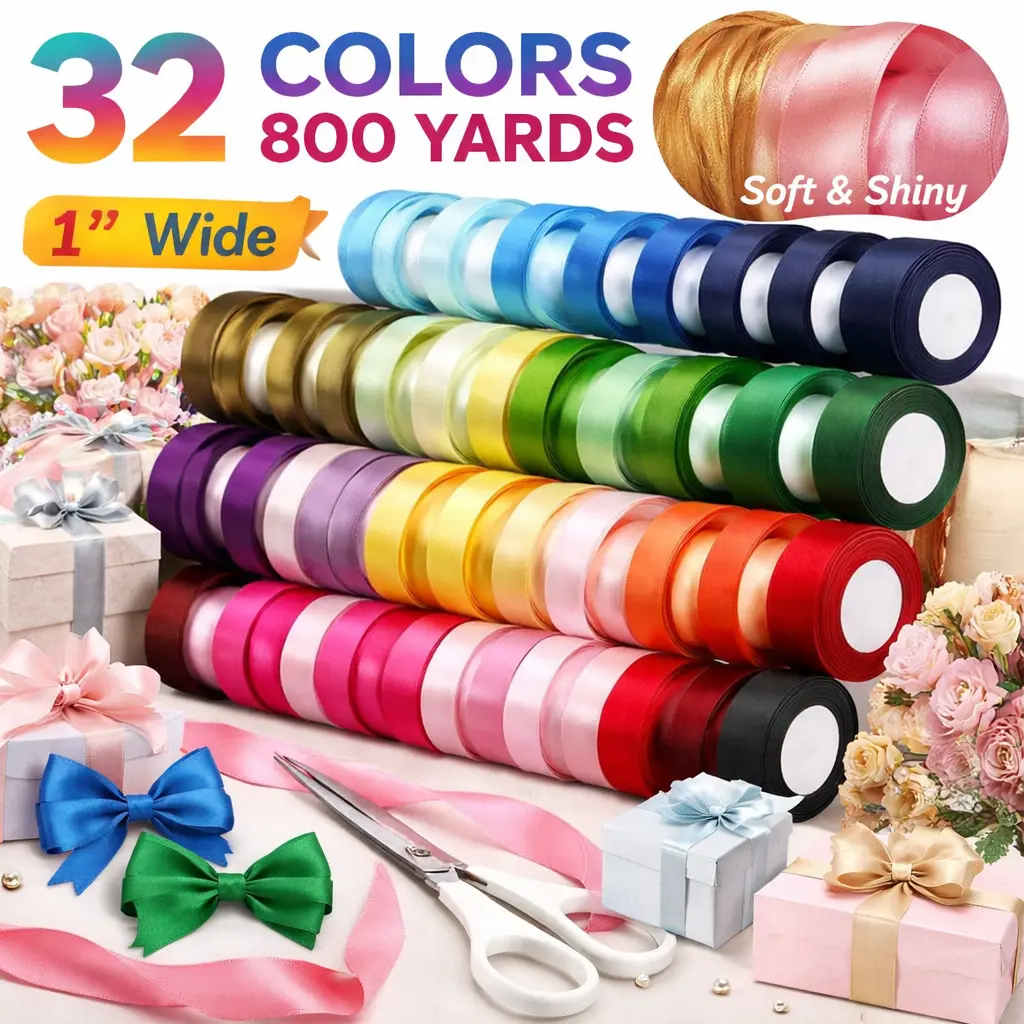 800-Yard 1-Inch Satin Ribbon Set – 32 Colors, Single-Face Polyester Ribbon for Gift Wrapping, Weddings, Bows, Crafts & Holiday Decor