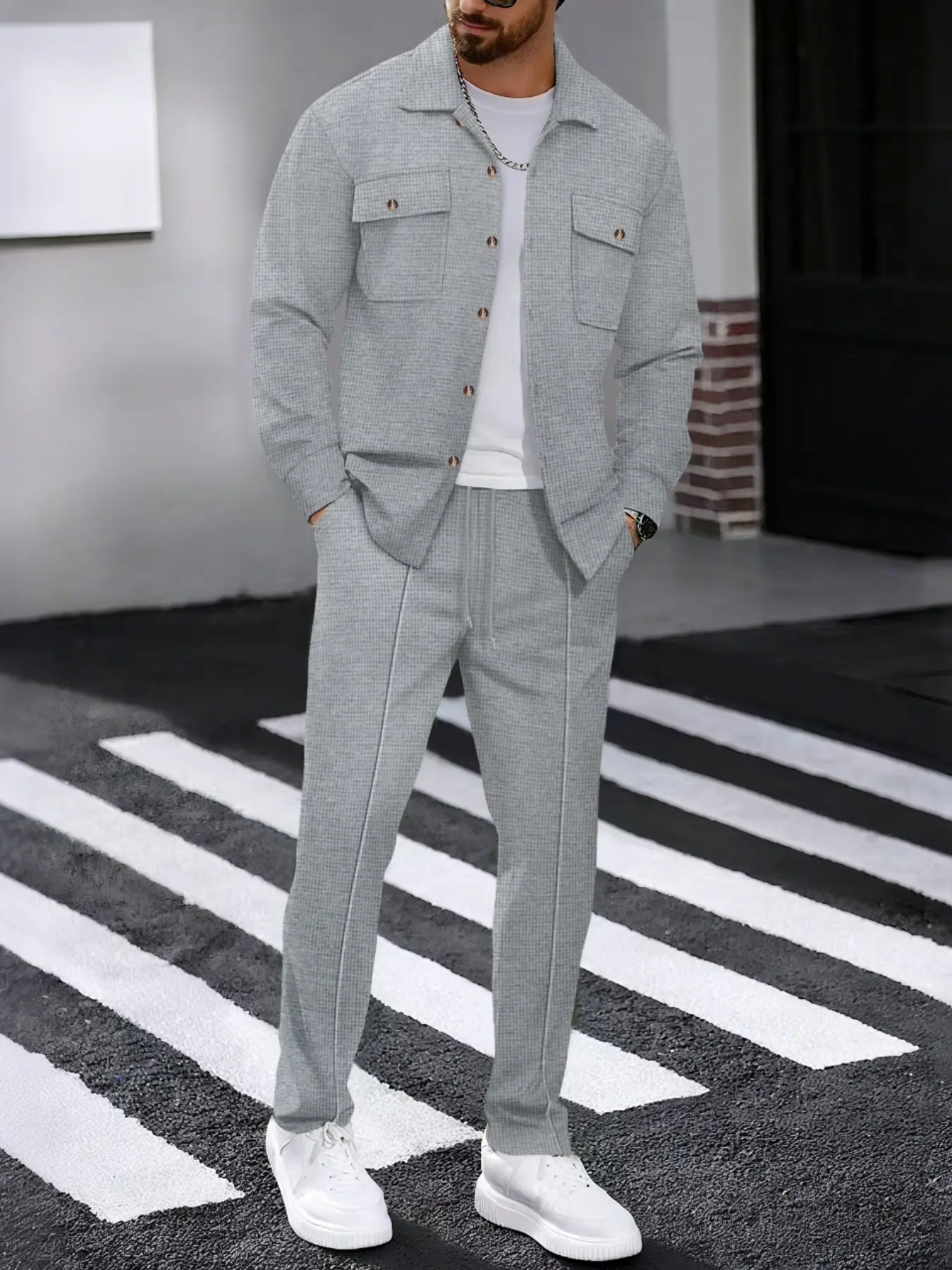 Men's Long Sleeve Knit Shirt & Drawstring Pants Trouser Set Suits, Casual Comfortable for Daily Wear, Perfect for Leisure Activities, Fall outfit, Clothes