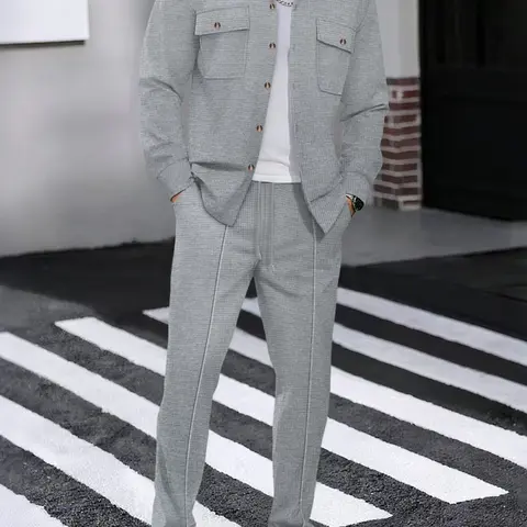 Men's Long Sleeve Shirt & Drawstring Pants Knit Set, Trouser Set, Menswear, Casual Comfortable for Daily Wear, Perfect for Leisure Activities, Fall outfit, Knit Clothing Sets