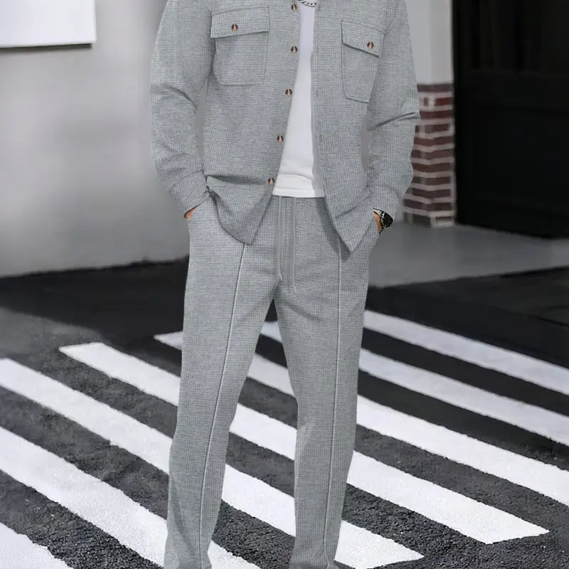 Men's Long Sleeve Shirt & Drawstring Pants Knit Set, Trouser Set, Menswear, Casual Comfortable for Daily Wear, Perfect for Leisure Activities, Fall outfit, Knit Clothing Sets