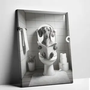1 Piece Funny Dachshund On Toilet Reading Newspaper Canvas Wall Art, Humorous Dog Poster Print, Black And White Bathroom Wall Decor