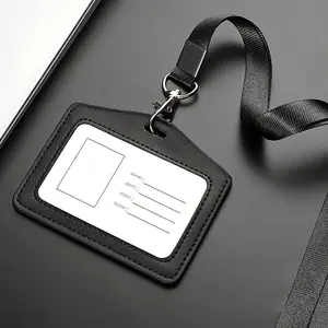 Professional Business Card Holder with Lanyard - Transparent ID and Name Tag Sleeve, Durable PU Leather Material, Id Badge Holder