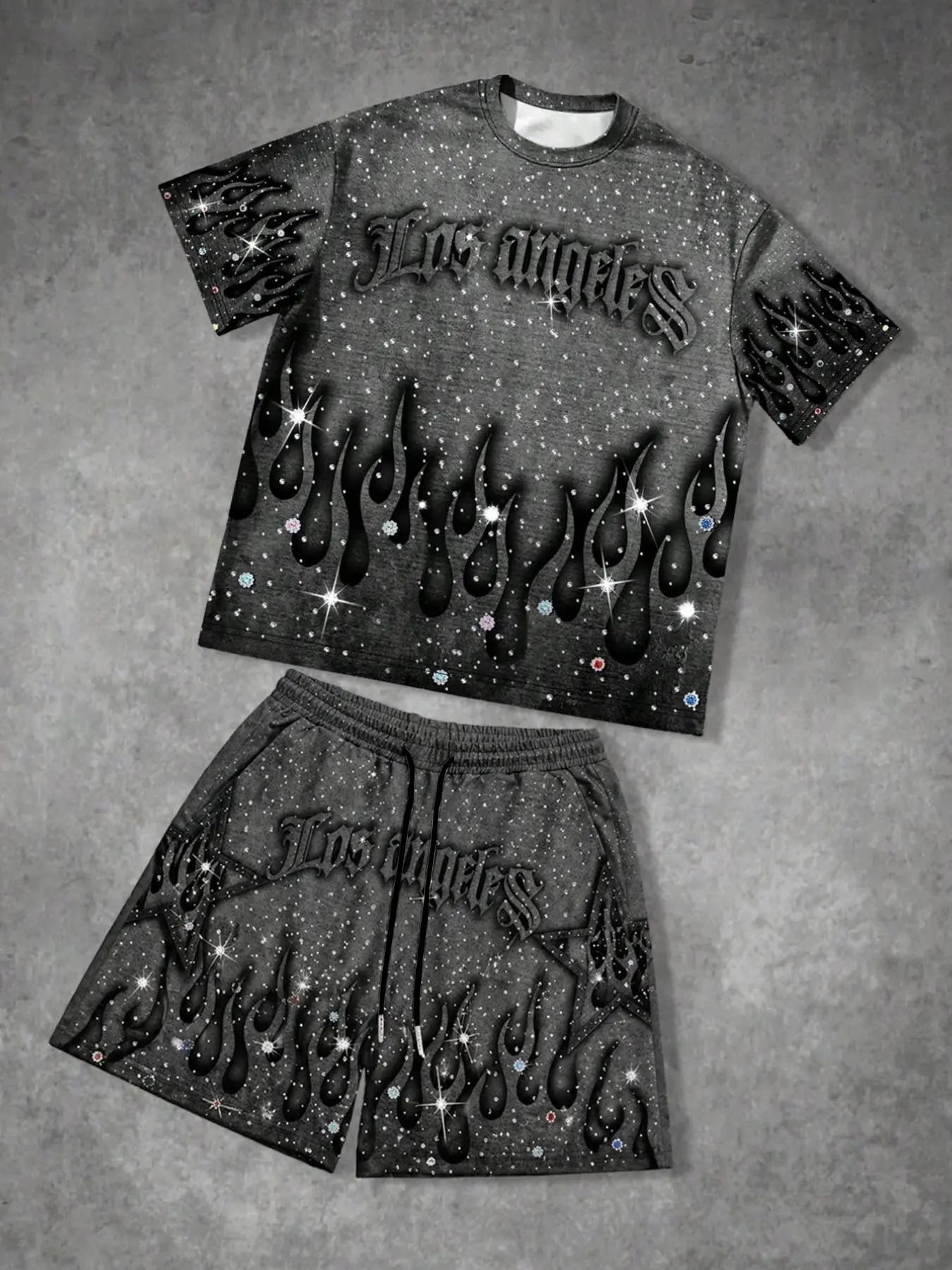 Summer Men's Streetwear Flame Print Short Sleeve T-Shirt and Shorts Set, Los Angeles Letter Glitter Design, Casual Sporty Style