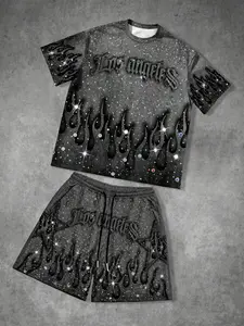 Summer Men's American High Street Flame Print Short Sleeve T-Shirt and Shorts Set, Los Angeles Letter Glitter Set, Casual Sporty