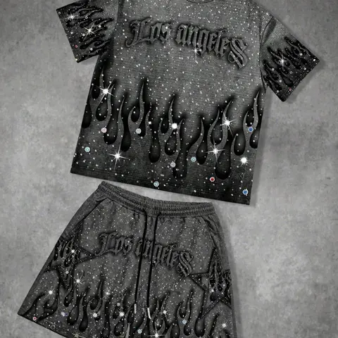 Summer Men's Streetwear Flame Print Short Sleeve T-Shirt and Shorts Two Piece Set, Los Angeles Letter Glitter Design, Casual Sporty Style