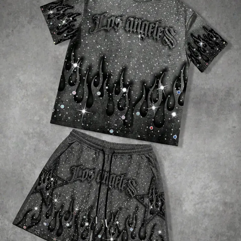 Summer Men's Streetwear Flame Print Short Sleeve T-Shirt and Shorts Two Piece Set, Los Angeles Letter Glitter Design, Casual Sporty Style