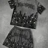 Summer Men's Streetwear Flame Print Short Sleeve T-Shirt and Shorts Two Piece Set, Los Angeles Letter Glitter Design, Casual Sporty Style