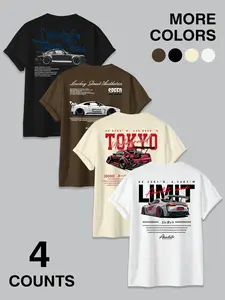 Four-Color Modified Car Print Short Sleeve T-Shirt Set, Japanese Trend Automotive Culture Casual Top, Loose-Fitting Graphic Tee