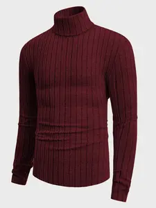 Men's High Neck Pullover Sweater, Solid Color Striped Long Sleeve Crew Neck T-Shirt, Casual Fitted Knitwear for Fall & Winter Tops