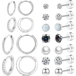 SteelFlatBackEarringsSetforMultiplePiercingSensitiveEars,SterlingSilverHypoallergenicSmallCartilageHuggieHoopEarringsTitaniumTinyCZPearlOpalStudEarringsforWomen
