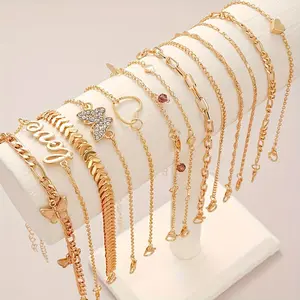 13pcs Elegant & Vintage Golden-Toned Anklet Set with Love & Butterfly Charms, Adjustable Lengths - Alloy Foot Jewelry for Women, Ideal for Daily Wear, Dates, Vacations, Anniversaries & Valentine's Gifts