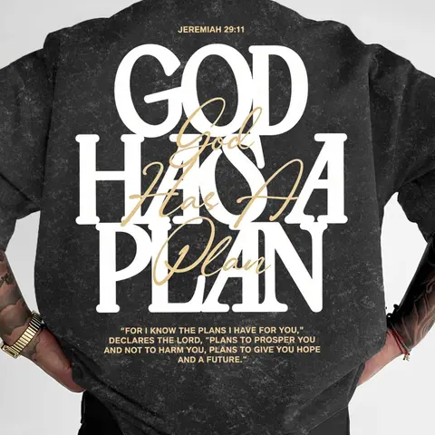 Men's God Has A Plan Christian Graphic Casual Oversized Short T-Shirt, Double-Sided Print Washed Vintage Tee, Faith-Based Streetwear Top, Inspirational T Shirt