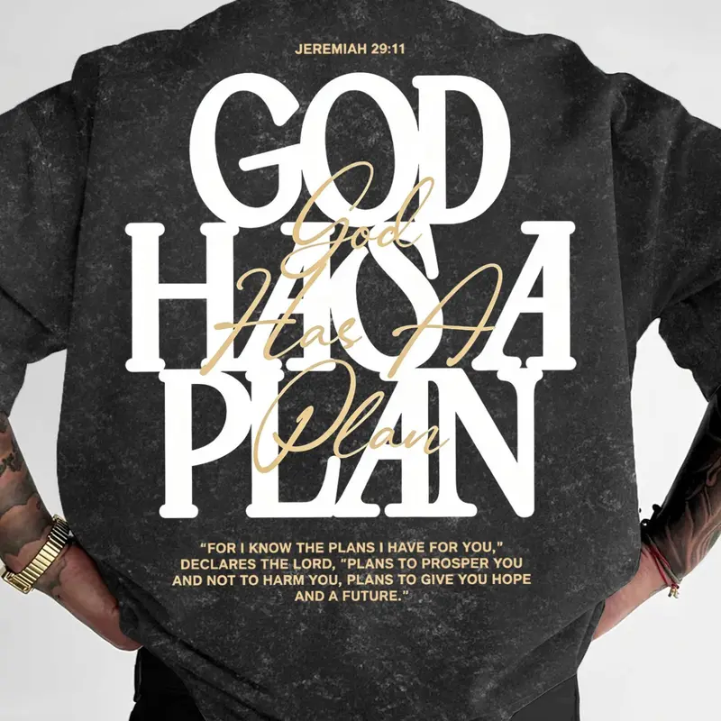 Men's God Has A Plan Christian Graphic Casual Oversized Short T-Shirt, Double-Sided Print Washed Vintage Tee, Faith-Based Streetwear Top, Inspirational T Shirt