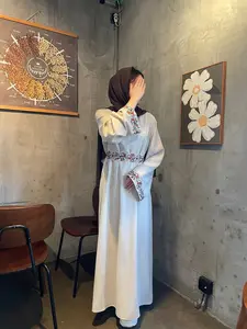 Elegant Two-Piece Set Abaya Dress, Plant Sleeve Embroidery, Linen Prayer Robe, Casual Party Holiday, Fashionable Long Gown, Abaya Hijab Set