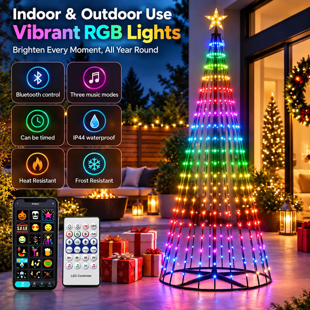 Tree Lights with APP & Remote Control, RGB Color‑Changing LED String Lights, 11 Lighting Modes, Timer & Music Sync, LED Lantern, Star, Mood & Ball Lights for Christmas Decorations, Holiday and Party
