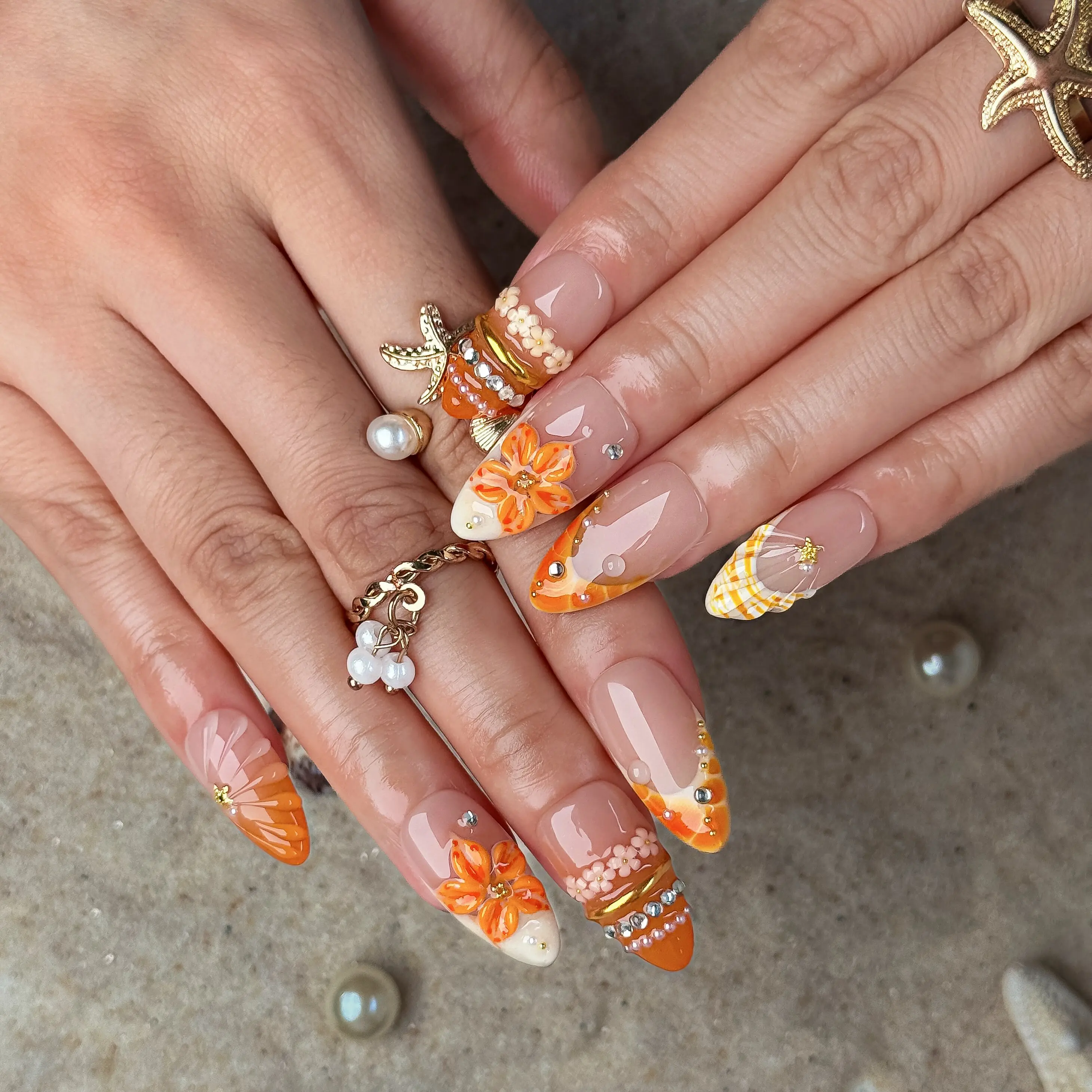 NailPopCo Coral Mermaid Handmade Press-On Nails - Reusable, Salon-Quality, Long-Lasting, Glossy Design, Enhance Nail Game, Pre-Made Fake Nails