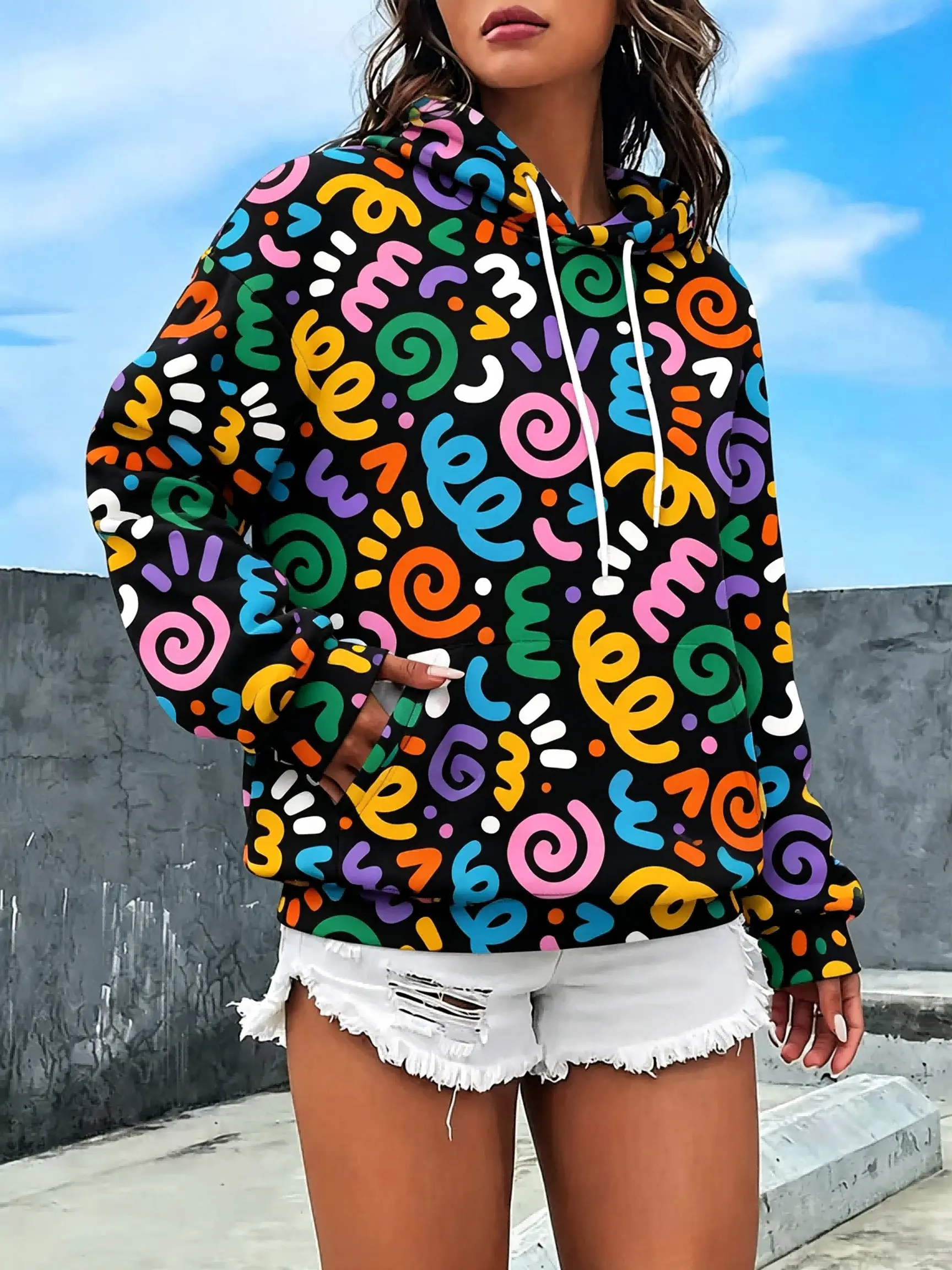 Women All Over Print Pullover Hoodie, Daisy Floral Heart Graffiti Pattern Long Sleeve Hooded Sweatshirt, Casual Loose Streetwear Tops with Kangaroo Pocket for Autumn Winter