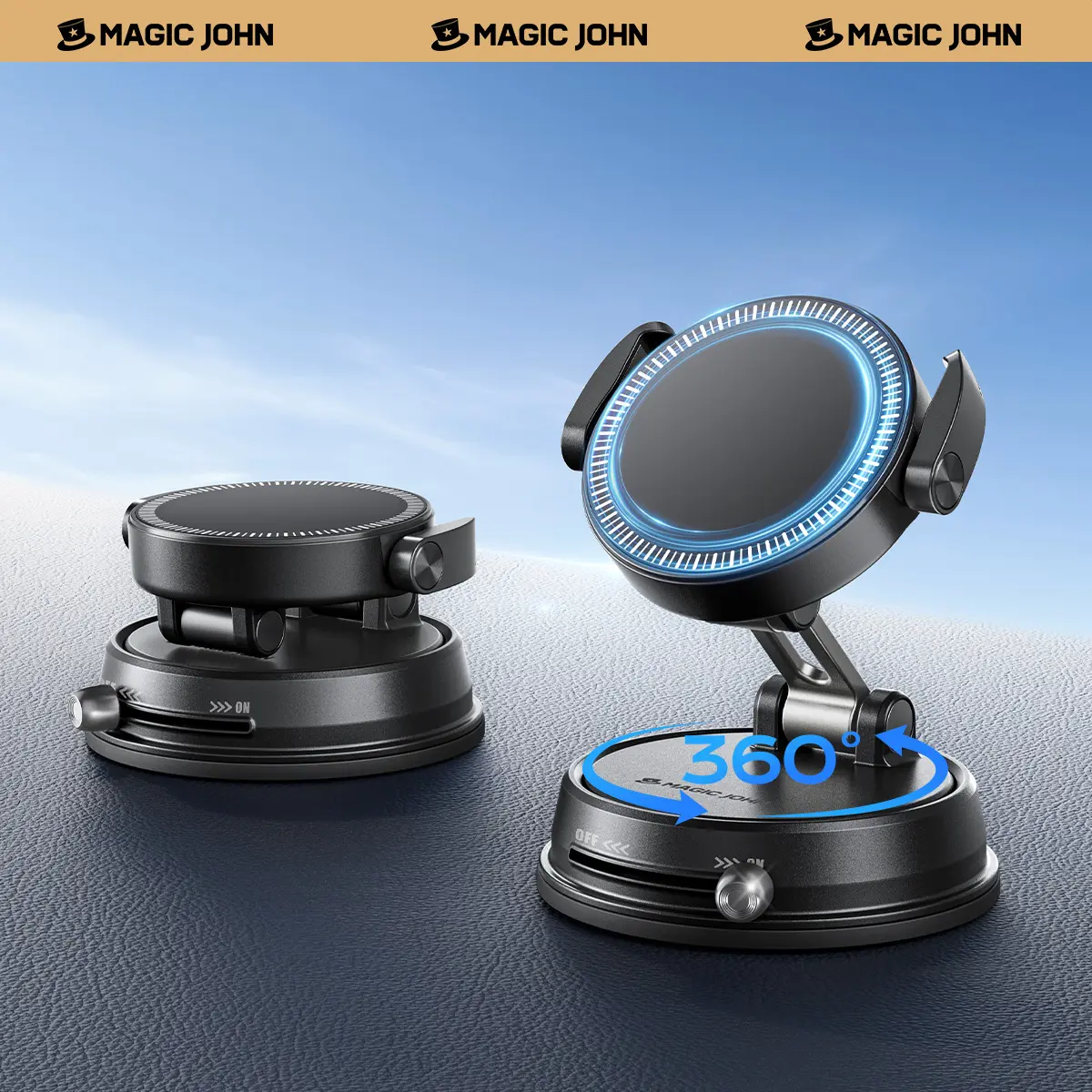 MAGIC JOHN Clip-On Magnetic Phone Mount, Strong Grip, Non-Slip Folding Stand, 360° Adjustable, Adjustable Height, Extreme Car Temp Resistant, Car Interior Accessories for Vehicle Navigation & Home Use