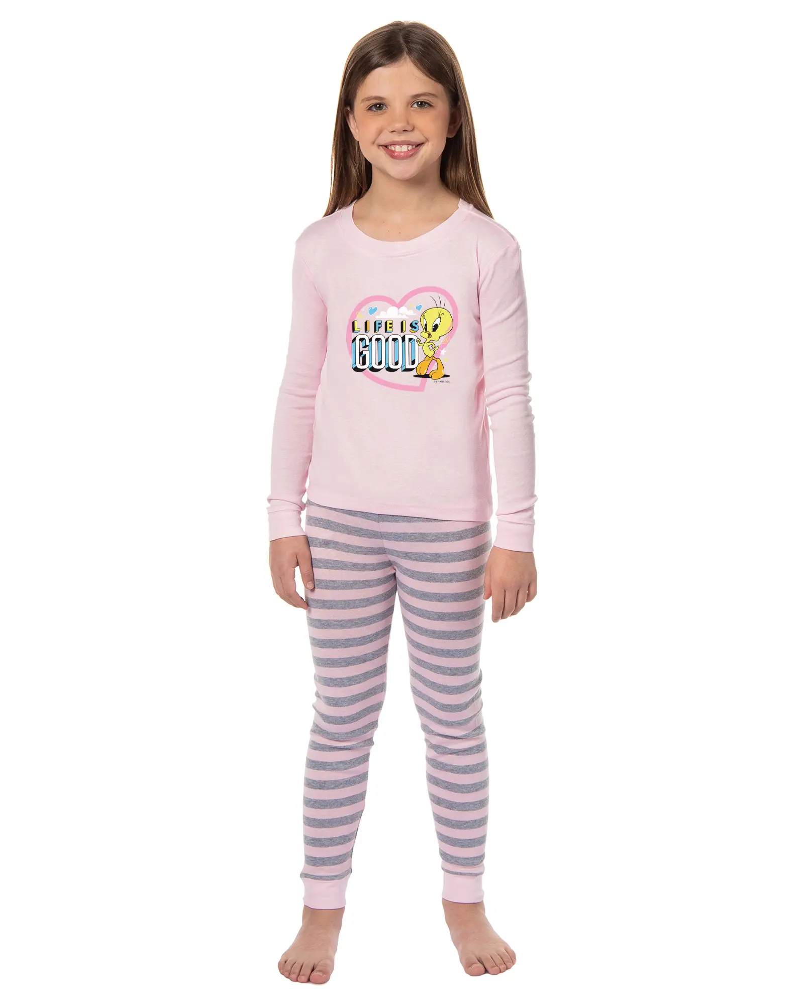 Looney Tunes Girls' Tweety Bird Life is Good Child 2 Piece Tight Fit Pajama Set, Clothes, Long Sleeve Shirt, Classic