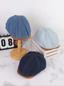 Fashionable Denim Beret, Casual Solid Color Beret for Men & Women, Vintage Style Hat for Outdoor Activities
