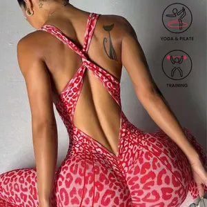 Women's Seamless Leopard Print Jumpsuit with Chest Pad, High Stretch Fitness Workout Leggings, Tummy Control Bodycon Sports Yoga Pants for Daily Gym Training