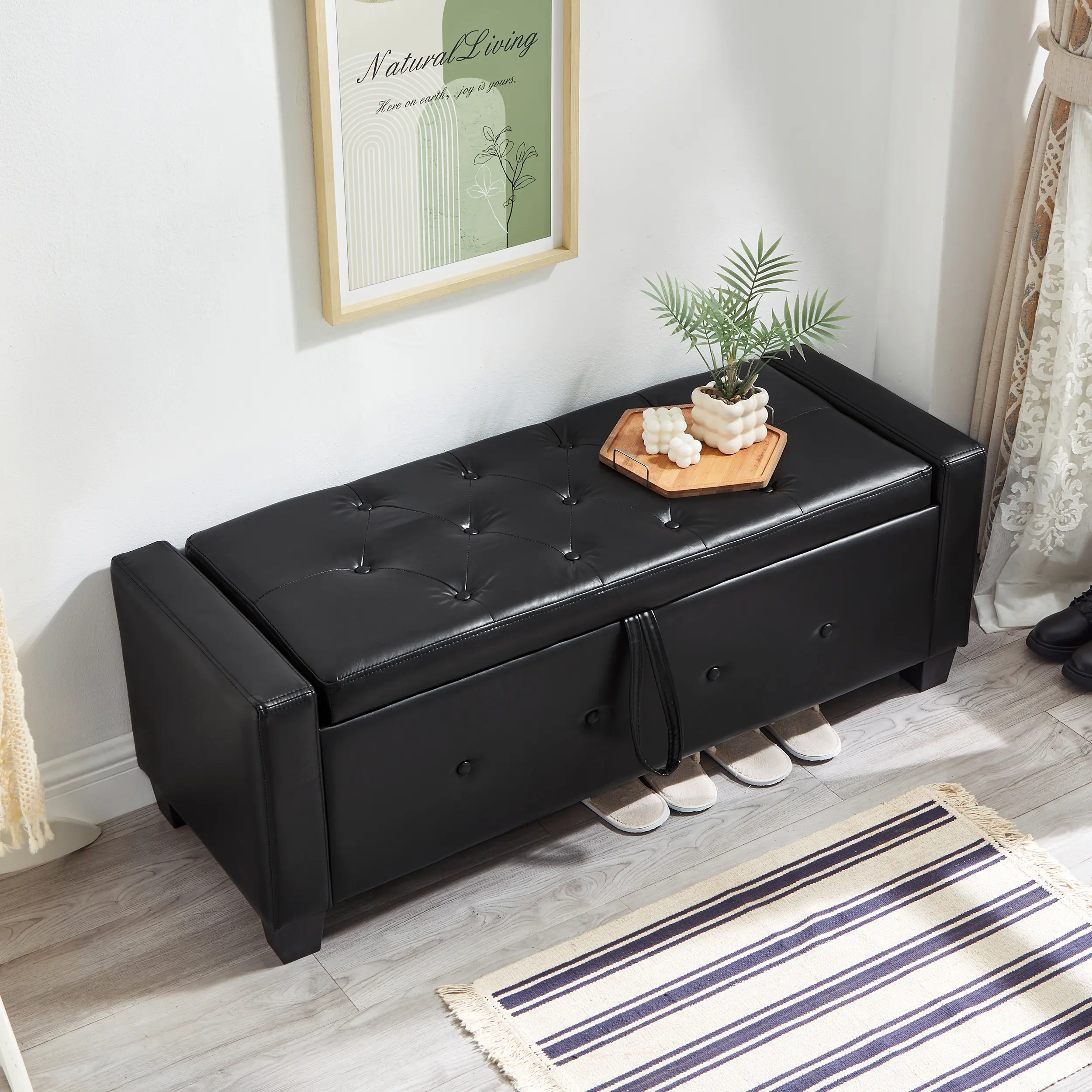 48-Inch Flip-Top Storage Ottoman Bench, Tufted Faux Leather Upholstery, Hidden Compartment for Living Room, Bedroom, Entryway – Black