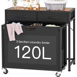 Laundry Sorter, Rolling Laundry Hamper with 3 Section Pull-Out Bags, Laundry Basket Organizer with 2 Drawers & 2-Tone Top Panel, Laundry Hamper with Wheels for Laundry Room Organization,