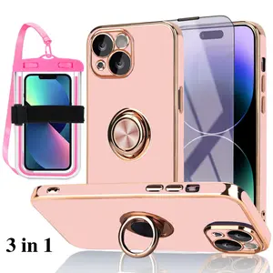 iPhone 13 Case Pink 3 in 1 Bundle With Screen Protector Anti-Blue Light And Waterproof Touchscreen Luminous Phone Pouch With Strap & Lanyard Built-in Car Mount Magnet Foldable Kickstand Ring Stand Shockproof Cute Luxury Design