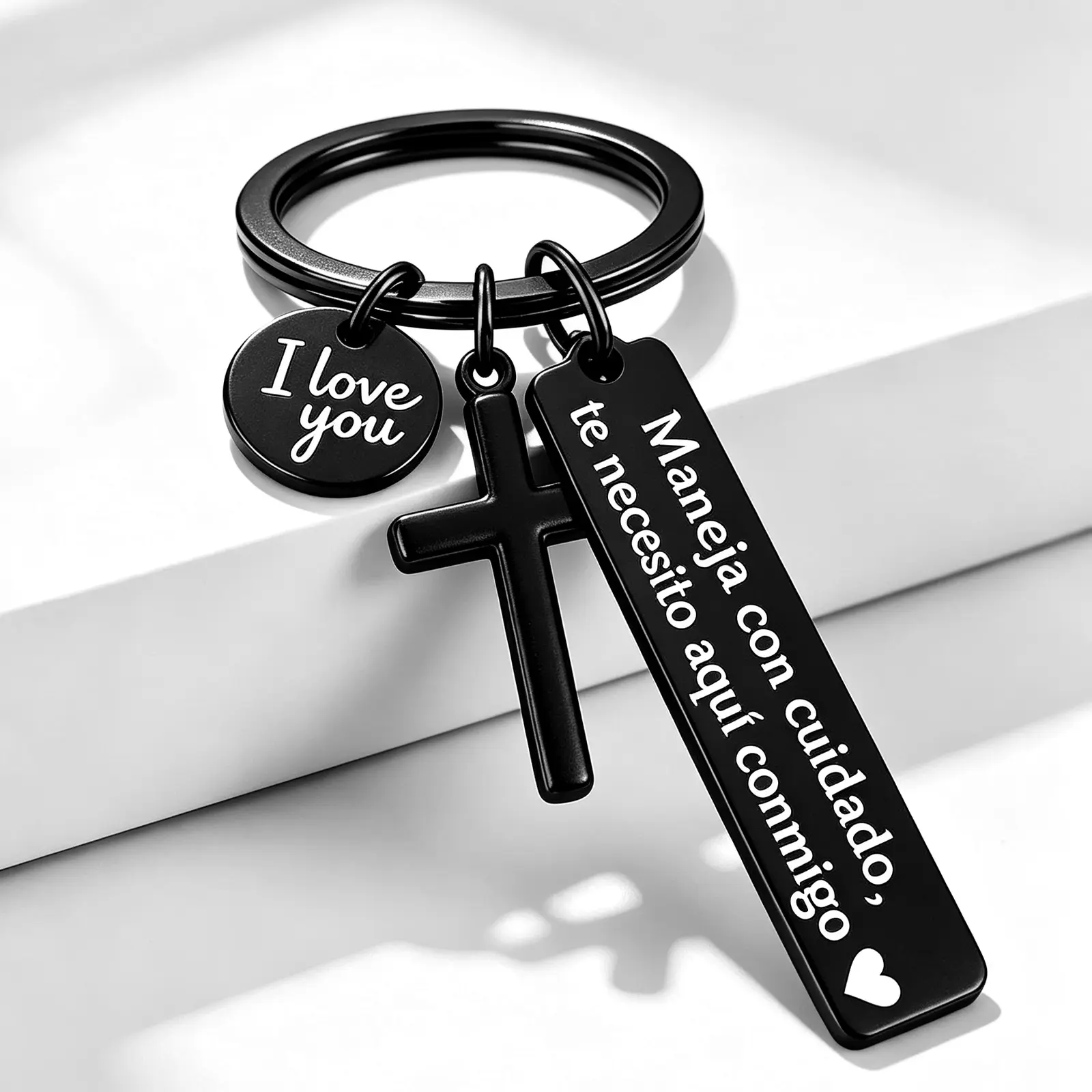 Stainless Steel Spanish Drive Safe Keychain with Cross, "I Love You" Charm "Maneja Con Cuidado Te Necesito Aquí Conmigo" Message, Romantic Religious Gift for Him (Father's Day, Boyfriend Birthday, Anniversary) & GF Gift, Birthday Gifts