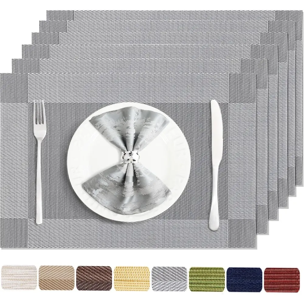 Placemats Set of 6 Washable&Wipeable Placemats For Dining Table,Kitchen,Indoor,Outdoor Table Mats Heat Resistant Non Slip Woven Vinyl Table Placemats (Grey,6PCS)