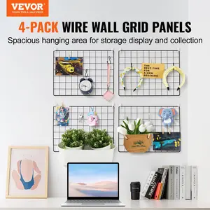 VEVOR Grid Wall Panels, 4 Packs Wire Wall Grid for Photo Pictures Display, Wall Storage Organizer Metal Grid Wall Panel for Home Office Decor with Clips and Hooks, 11.8x15.7 inch