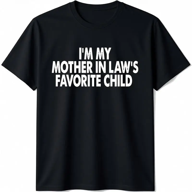 Men's 100% Cotton Short-Sleeve Round Neck Graphic Tshirt - Menswear Fashion All-Seasons Casual Top with Funny "I'm My Mother-In-Law's Favorite Child" Parent Design