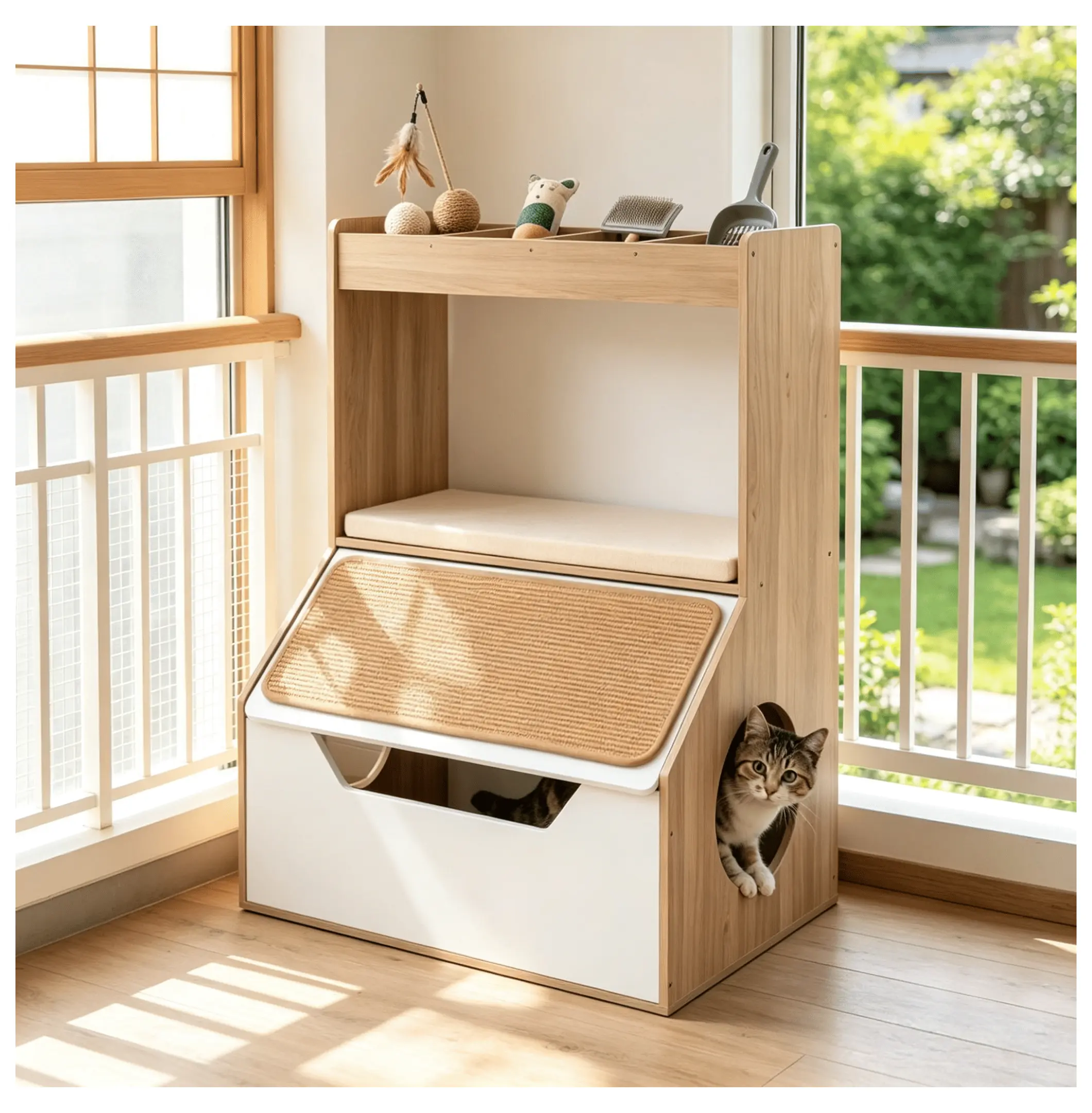 Cat House Furniture 3-in-1 Space Saving Pet Furniture - Hidden Litter Box Cabinet with 4 Cubbies, Scratching Pad, Hidden Box & Litter Storage, Natural & White, Space Saving Furniture