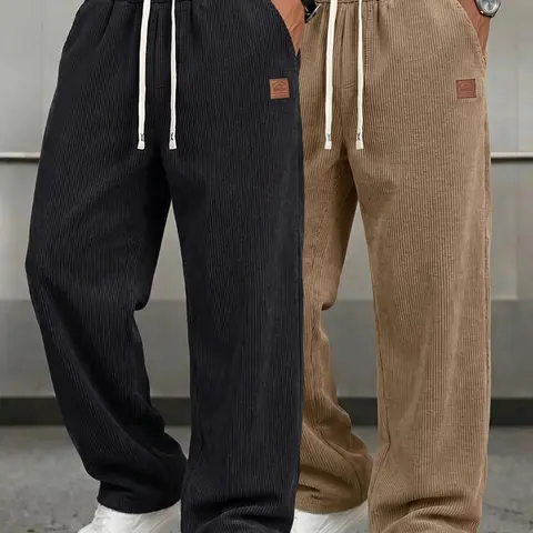Men's Casual Corduroy Baggy Loungewear Pants - Elastic Waist, Drawstring, Side Pockets, Home PJs Bottoms