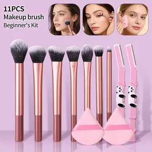 11-piece high-quality portable makeup brush set: Long-handled multi-functional makeup brush + eyebrow trimmer + soft triangular makeup pad - complete set of beauty tools Cosmetic brush set