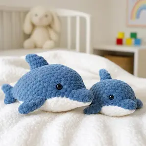 Tiny Yarnies - Handmade Fuzzy Dolphin Plush Set - Textured Crochet Marine Animals - Unique Coastal Decor for Kids