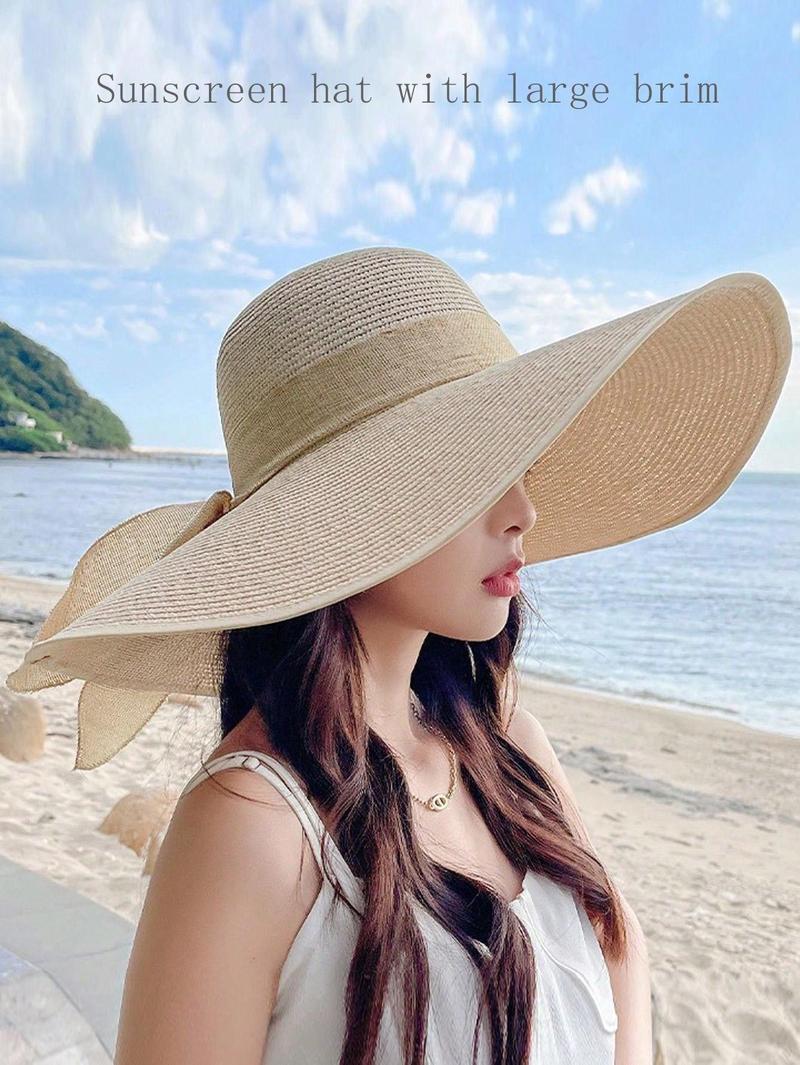 2025 New Extra Wide Brim Straw Hat, Women's Sun Protection Beach Hat, Summer Foldable Casual Elegant Polyester Bowknot Decor Hat, Suitable For Beach, Street, Spring/Summer
