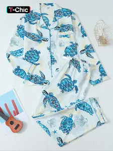 Women's Ocean Element Long Sleeve Fitted Pajama Set, Cute Button Front Top & Bow Pants, Casual Home Wear Loungewear for All Seasons