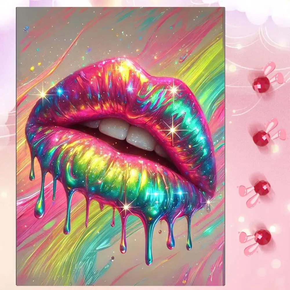 5D DIY Full Drill Round Diamond Painting - Diamond Art Kit Rainbow Lips Mosaic, Canvas - DIY Decorative Painting, Home Wall Decor, Suitable for Halloween, Christmas, Birthday, and Anniversary Gifts