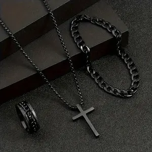 3-Piece Stainless Steel Hip Hop Punk Jewelry Set, Unique Cuban Chain Necklace, Bracelet, and Ring, Perfect Valentine's Day, Christmas Gift for Men
