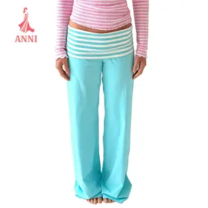 Women Low Waist Loose Fit Striped Folds Over Wide Leg Pants Lounge Home Sweatpants
